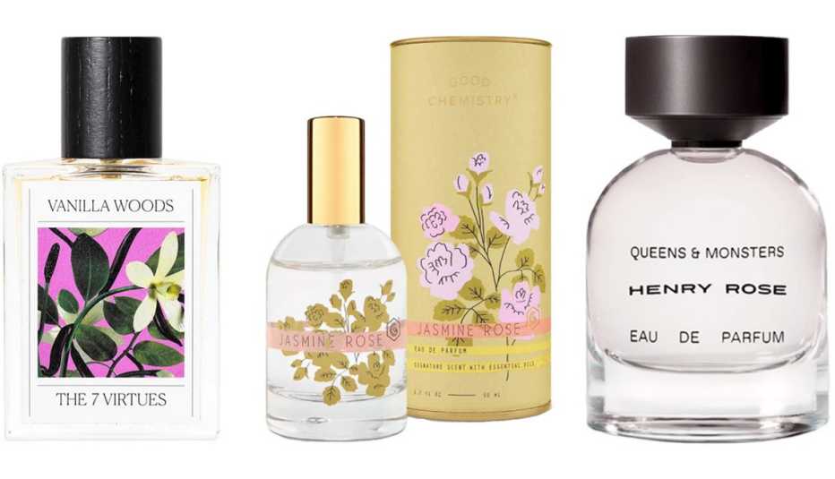 The 7 Virtues Vanilla Woods Eau de Parfum; Jasmine Rose by Good Chemistry Women’s Eau de Perfume; Queens & Monsters by Henry Rose