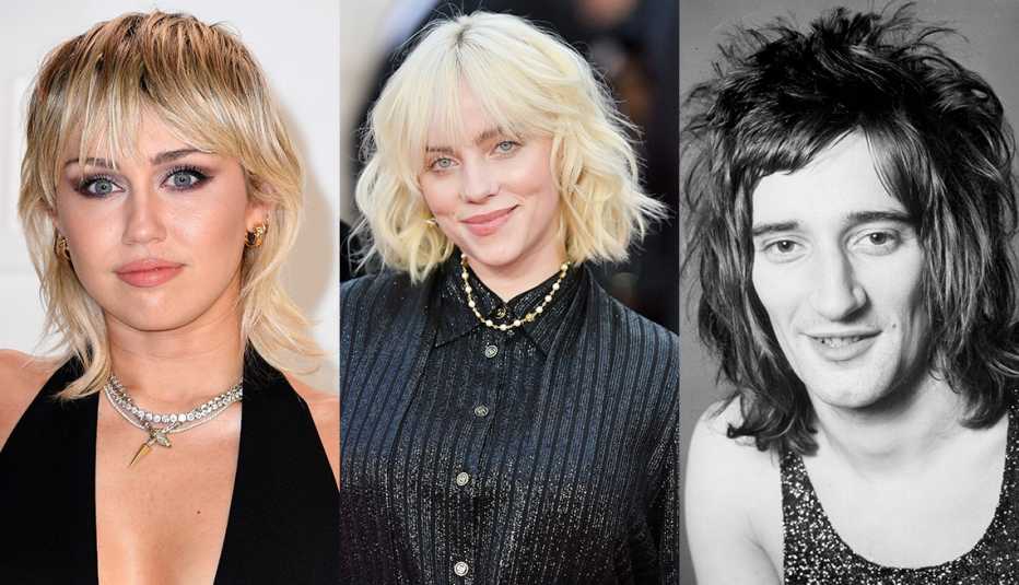 Side by side images of Miley Cyrus, Billie Eilish and Rod Stewart