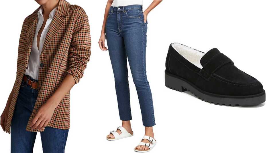 Avec Les Filles Longline Plaid Blazer; Gap High Rise Vintage Slim ﻿Jeans with Washwell in Dark Indigo; Franco Sarto Carol 2 Loafer in Black