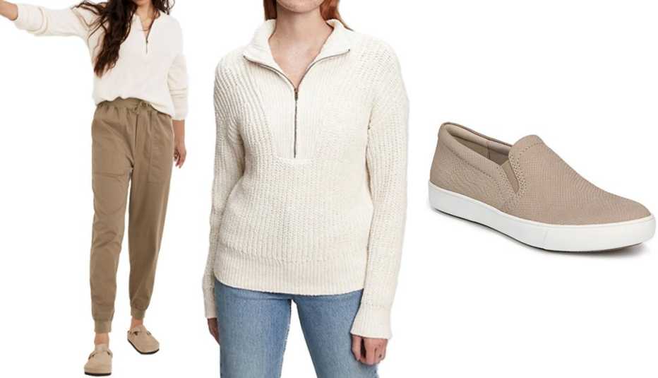 Madewell Twill Drawstring Jogger Pants; Gap Cozy Half-Zip Sweater in Stone Beige; Naturalizer Marianne Slip-On Sneaker﻿–Women’s in Tan Embossed Leather