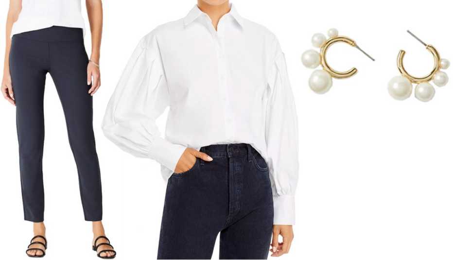 J.Jill Wherever Smooth-Fit Slim-Leg Pants in Navy Blue; Aqua x Scout The City Balloon Sleeve Button-Front Shirt in White; Ann Taylor Pearlized Huggie Earrings