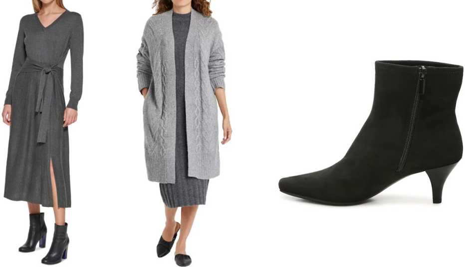 Calvin Klein Tie-Waist Midi Sweater Dress; A New Day Women’s Plus Cable-Knit Open Front Cardigan in Charcoal Gray; Impo Nelia Bootie in Black
