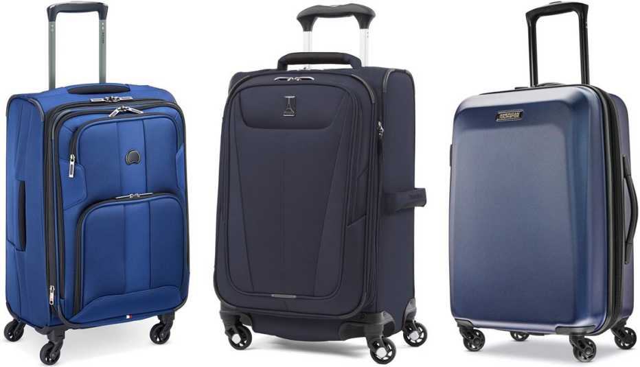Delsey Paris Sky Max 2.0 Softside Expandable Luggage with Spinner Wheels Carry-On 21-Inch in Steel Blue; TravelPro Maxlite 5 21” Expandable Carry-On Spinner in Midnight Blue; American Tourister Moonlight Hardside Expandable Luggage with Spinner Wheels, Ca