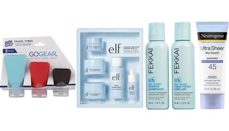 Cool Gear Go Gear Travel Tubes; e.l.f. Cosmetics Hydrated Ever After Skincare Mini Kit; FEKKAI Power Pair Super Strength Mini Duo; Neutrogena Ultra Sheer Dry-Touch Sunscreen Lotion, 3 oz