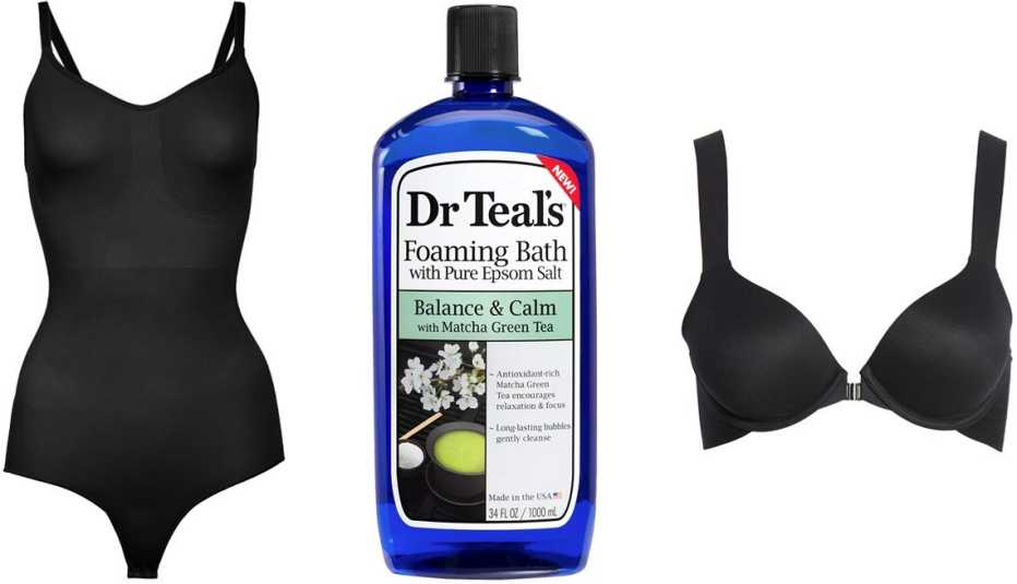 SKIMS Sculpting Snaps Bodysuit in Onyx; Dr. Teal’s Pure Epsom Salt Balance & Calm Matcha Green Tea Foaming Bath; Spanx Bra-llelujah! Full Coverage Bra in Very Black