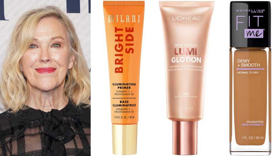 Catherine O'Hara; Milani Bright Side Illuminating Face Primer; L’Oreal Paris True Match Lumi Glotion Natural Glow Enhancer; Maybelline Fit Me Dewy + Smooth Foundation Normal to Dry