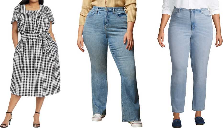 Who What Wear Women's Puff Short Sleeve Dress in Black/White Gingham Check; Warp + Weft Mia High-Rise Flared Jeans; Lands’ End Plus Size High Rise Straight Leg Ankle Blue Jeans in Juneberry Blue