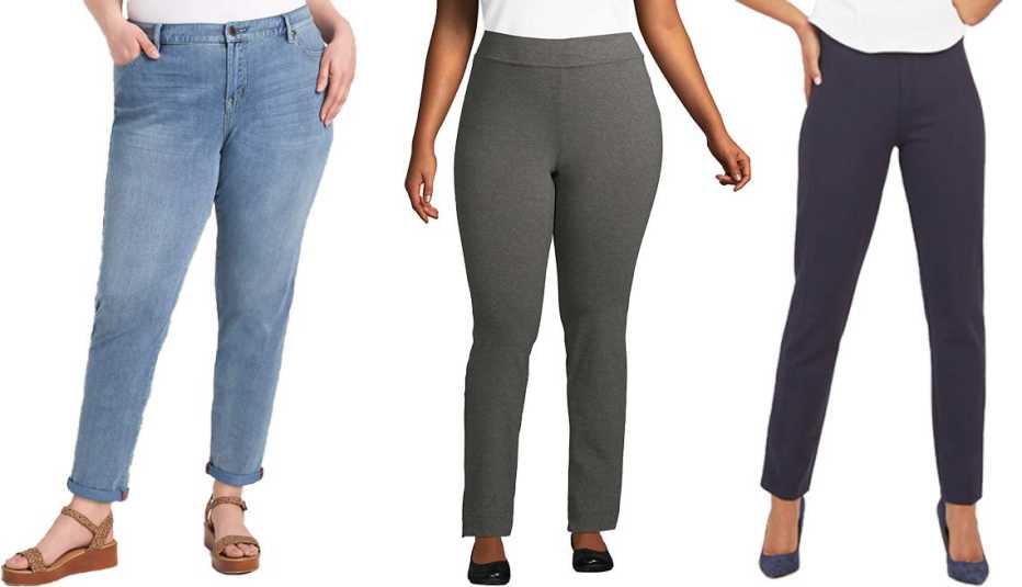 Lane Bryant Signature Fit Knit Denim Boyfriend Jean; Lands’ End Women's Plus Size Starfish Mid Rise Slim Leg Elastic Waist Pull On Pants in Charcoal Heather; Spanx The Perfect Pant in Slim Straight