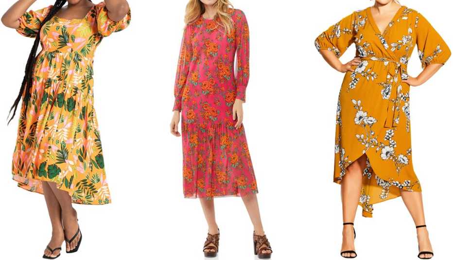 Eloquii Square Neck Midi Dress in Orange; Scoop Women’s Long Sleeve Midi Dress with Ruffle Hem in Passion Pink Wallpaper Floral; City Chic Plus Serene Floral Wrap Front Dress