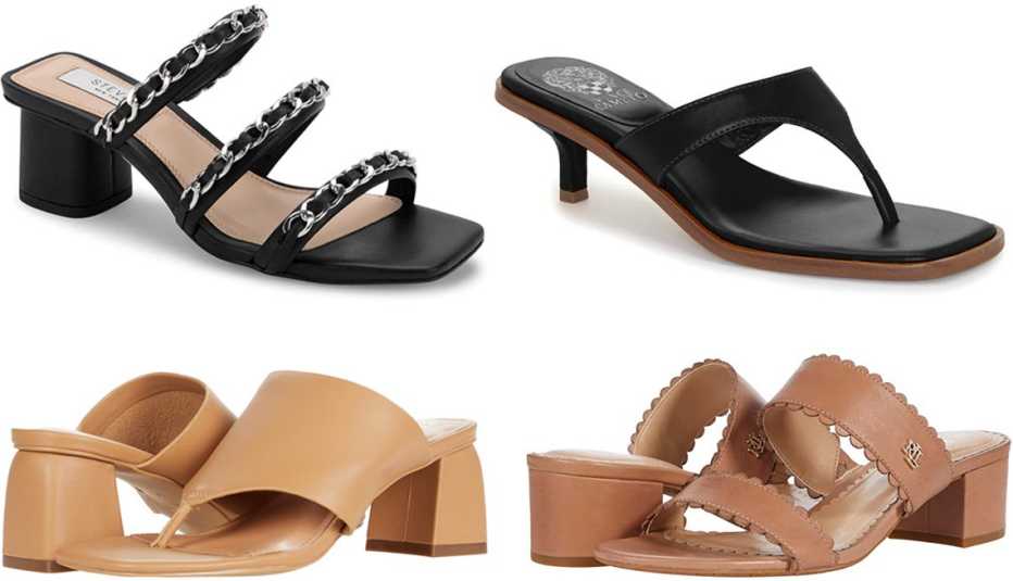 Steven New York Link Slide Sandal in black; Vince Camuto Cannetta Sandal in black; Lauren Ralph Lauren Whitni Scallop Sandal in Nude; Faryl by Farylrobin Pamela x The New Nude Collection in Camel Nappa Leather