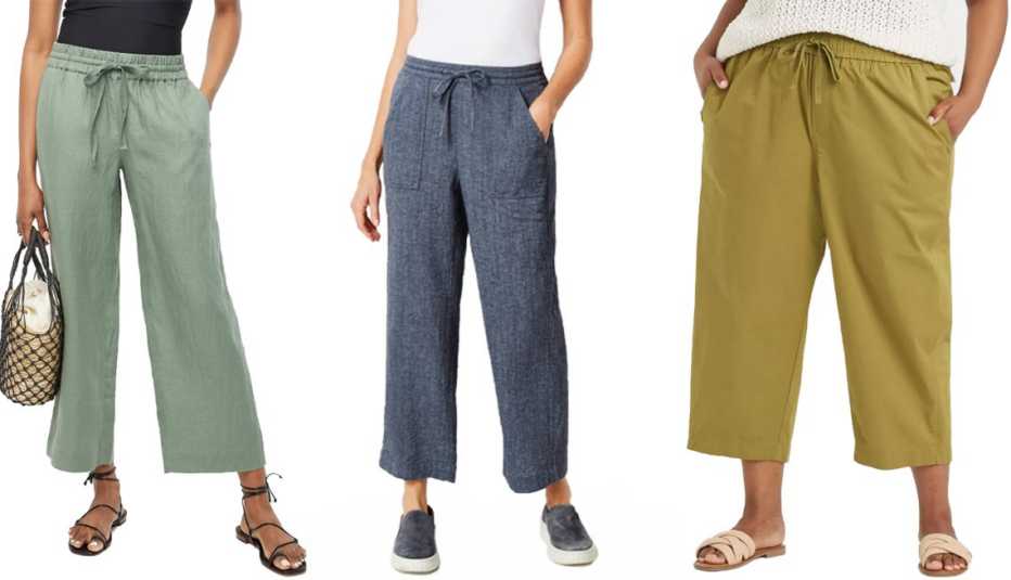 J.Crew Wide-Leg Linen Pants in Pale Cypress; Pure Jill Linen & Cotton Straight Full-Leg Crops in Deep Blue/White; A New Day Women's Plus High-Rise Relaxed Fit Pull-On Ankle Pants in Olive Green
