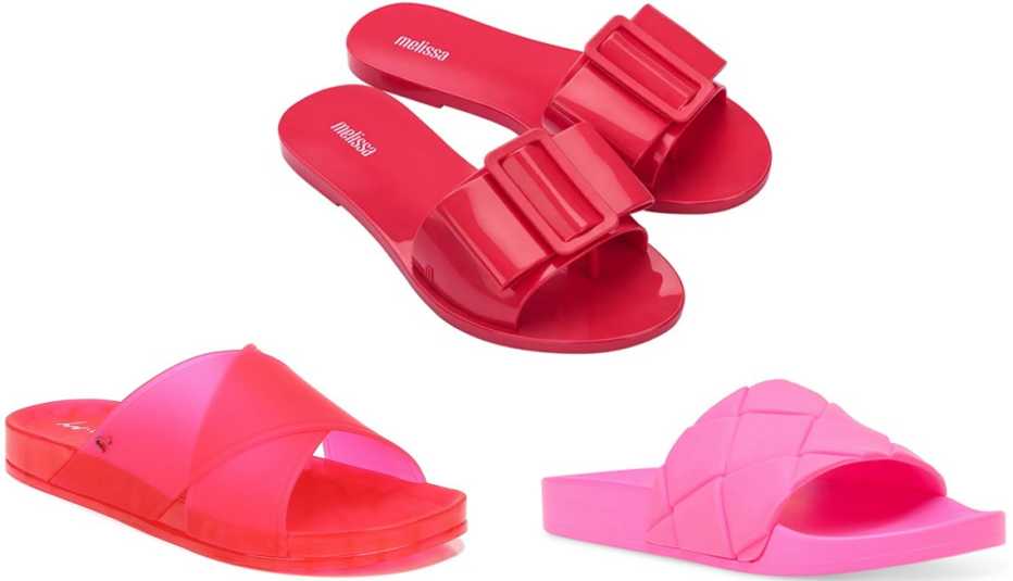 Circus by Sam Edelman Women's Jaylee Translucent Pool Slides in Razzberry; Melissa Babe Slide Sandal in Red; Steve Madden Women's Soulful Quilted Pool Slides in Neon Pink