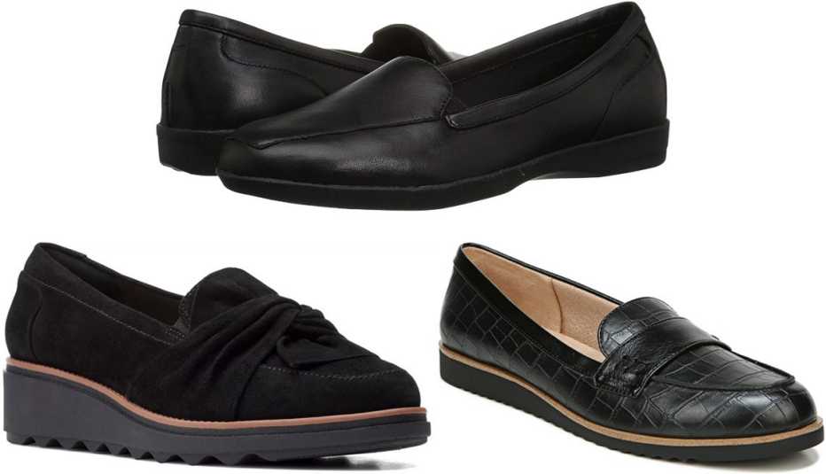 Clarks Sharon Dasher Women’s Loafers in Black; Easy Spirit Devitt in Black; Life﻿Stride Zee Slip-On Loafers in Black Croco Faux Leather﻿