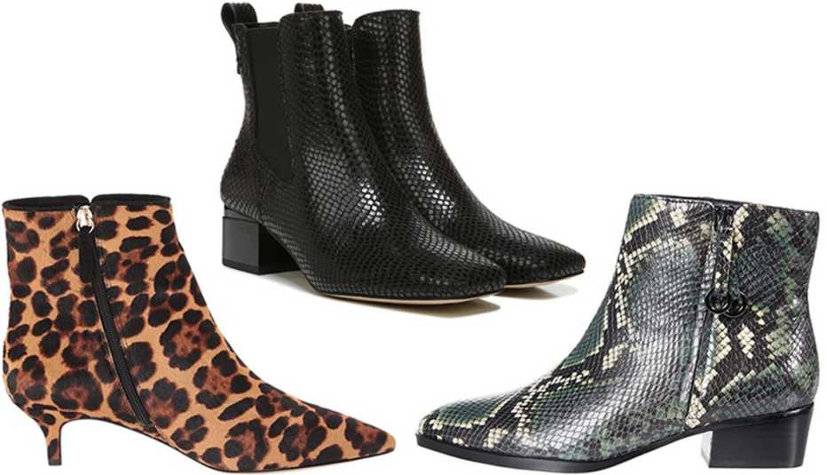 J.Crew Emma Haircalf Boot in ﻿Rich Mahogany﻿; Franco Sarto Waxton Chelsea Boot in Black Snakeskin; Naturalizer Henry in Green Multi Tonal Snake Leather
