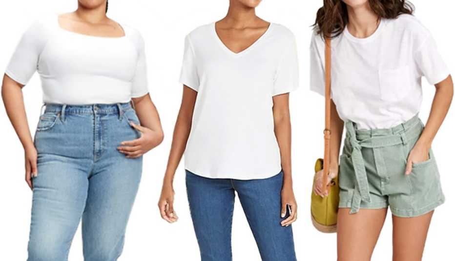 Gap Modern Squareneck Elbow Sleeve T-Shirt in fresh white; Old Navy Luxe V-Neck Tee for Women in white lilies; Universal Thread Women's Short Sleeve Boxy T-Shirt in white