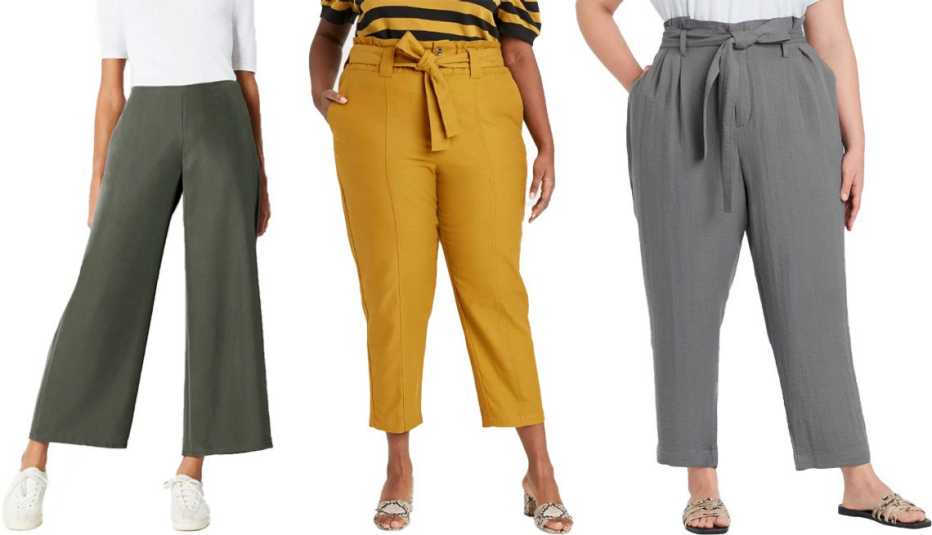 J. Jill Soft Full Leg Pants in caraway; Who What Wear Women's Ankle Length Paperbag Trousers in yellow; A New Day Women's High-Rise Paperbag Ankle Pants in gray
