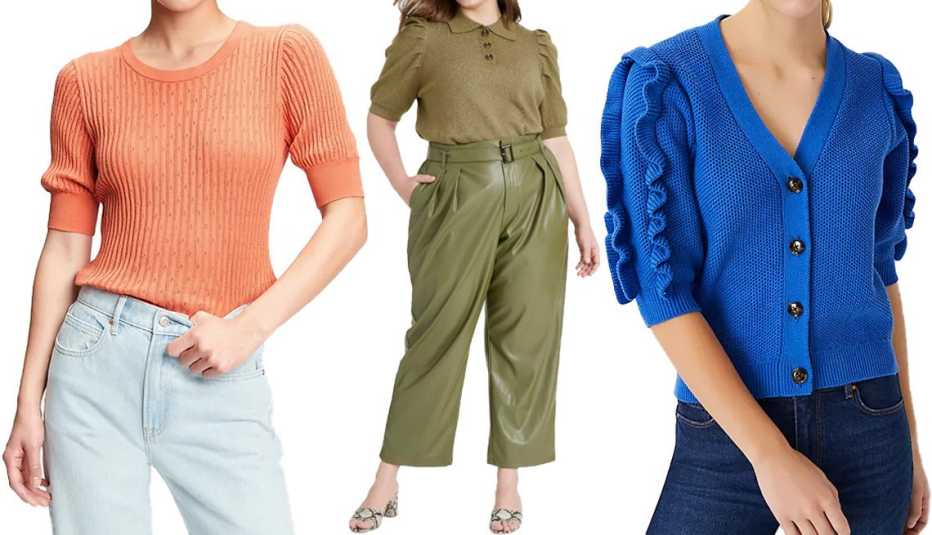 Gap Elbow Sleeve Pointelle Sweater in sunburn orange; Who What Wear Women's Puff Elbow-Sleeve Collared Neck Pullover Sweater in green; Ann Taylor Ruffle Sleeve V-Neck Cardigan in deep azure