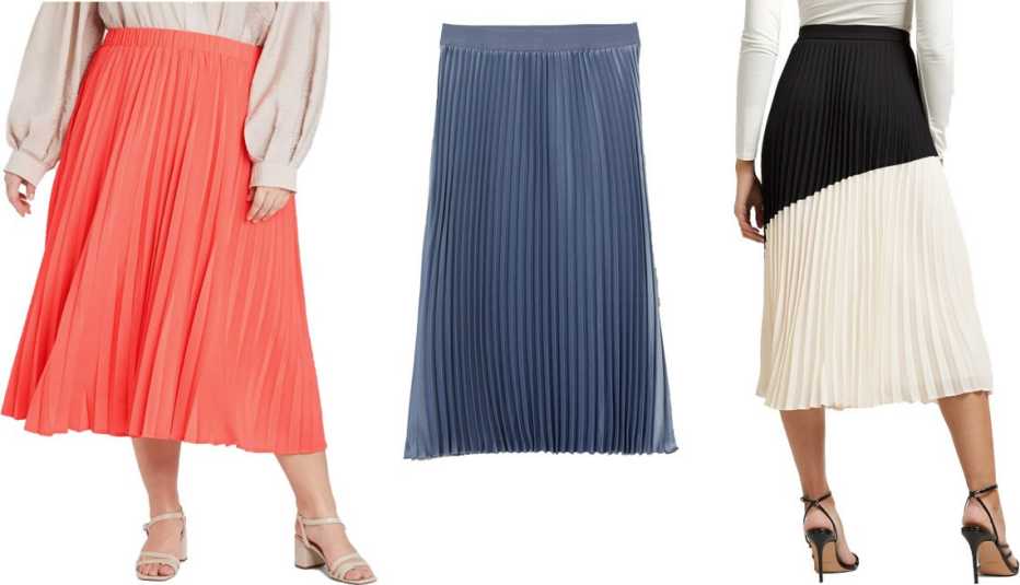A New Day Women's Midi Pleated A-Line Skirt in coral; H&M Pleated Skirt in pigeon blue; Express High Waisted Pleated Color Block Midi Skirt in black and white