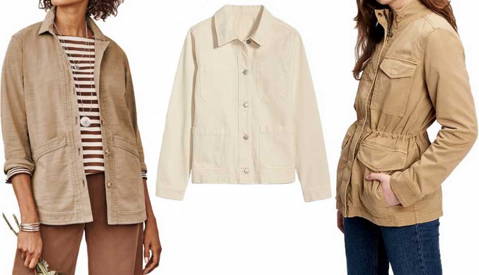 J. Jill Modern Barn Jacket in light tobacco; Old Navy Ecru-Wash Chore Jacket for Women; Gap Utility Jacket in beige tan