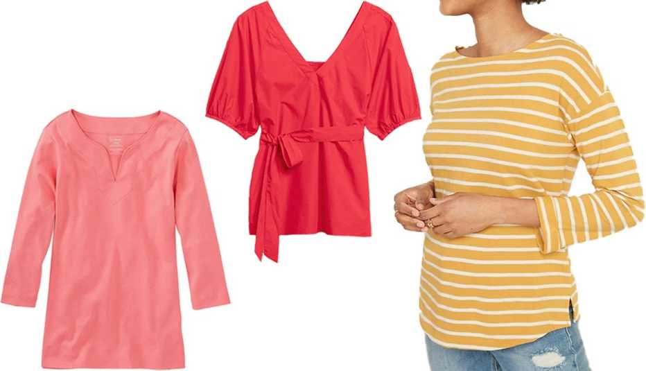 L.L. Bean Women's Pima Cotton Tunic Three-Quarter Sleeves Splitneck in Shell Coral; Banana Republic Poplin Belted Top in Strawberry Delight; Old Navy Relaxed French Terry Top for Women in Yellow Stripe