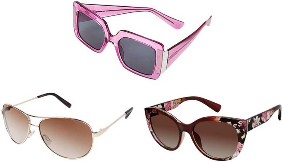 Iman Global Chic Square-Frame Sunglasses in Orchid; Nanette Nanette Lepore Women’s Cat-Eye Sunglasses with 100% UV Protection in Brown Fade; Jessica Simpson Women’s Metal Aviator Sunglasses with 100% UVA Protection in Gold