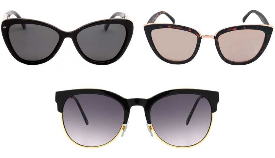 Privé Revaux The Hepburn 57mm Cat-Eye Polarized Sunglasses in Black; Wild Fable Women’s Cateye Tort Sunglasses in Brown; Foster Grant Afia in Black