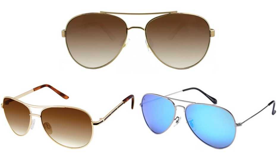 Nanette Nanette Lepore Women’s Aviator Sunglasses with 100% UV Protection in Gold/Brown; A New Day Women’s Aviator Sunglasses in Bronze; Privé Revaux The Commando in Antique Silver/Light Blue Mirror