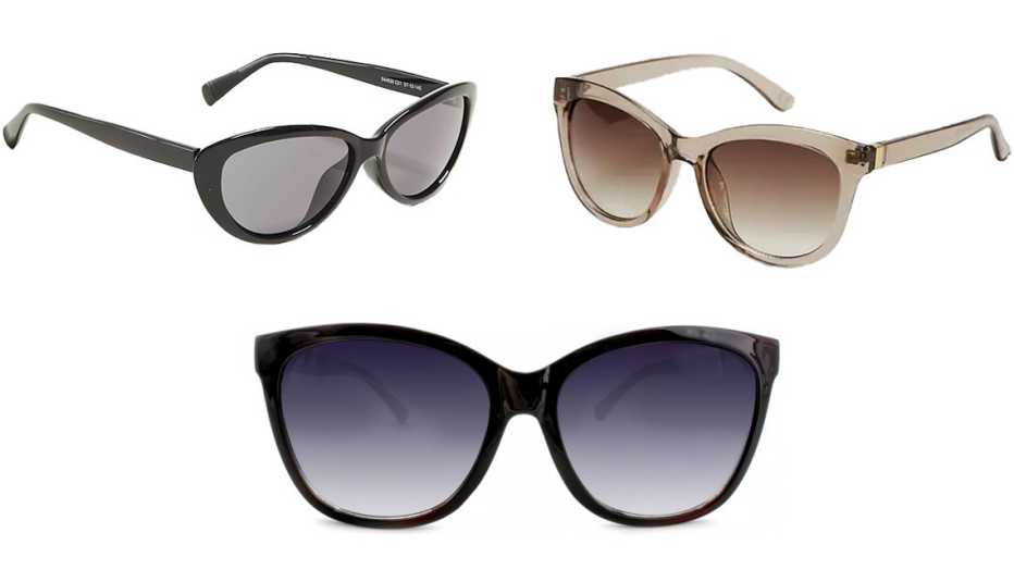 Ann Taylor Rounded Cateye Sunglasses in Black; Old Navy Round Cat-Eye Sunglasses in Taupe; A New Day Women’s Square Sunglasses in Black