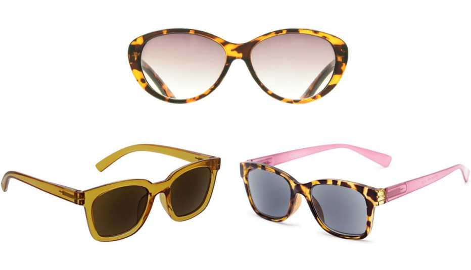 Peepers To the Max Reading Sunglasses in amber; proSPORT Gypsy Reading Sunglass CatEye Tortoise; The Azalea Reading Sunglasses in tortoise/pink with smoke