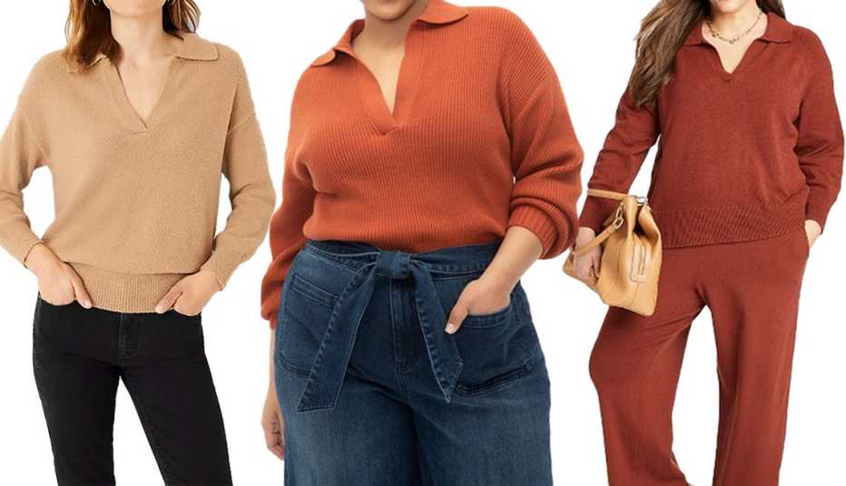 Ann Taylor Collared V-Neck Sweater in Spiced Taupe; Eloquii Elements Women’s Plus-Size Open Neck Polo Sweater in Arabian Spice; Ava & Viv Women’s Plus Size Split Neck Pullover Sweater in Rust