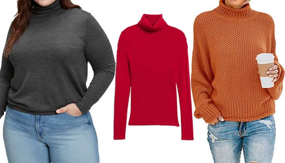 Gap Merino Turtleneck Sweater in Charcoal Gr﻿ey; Banana Republic﻿ Ribbed Turtleneck Sweater in Red Sunset﻿; Zesica Women’s Oversized Turtleneck Chunky Knit Pullover in Bright Orange