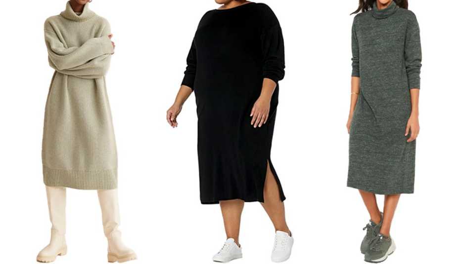H&M Rib-knit Turtleneck Dress in Sage Green; Drop Women’s Suki Rib Midi V-Back Sweater Dress in Black; Old Navy Long-Sleeve Turtleneck Midi Sweater Shift Dress for Women in Dark Bottle