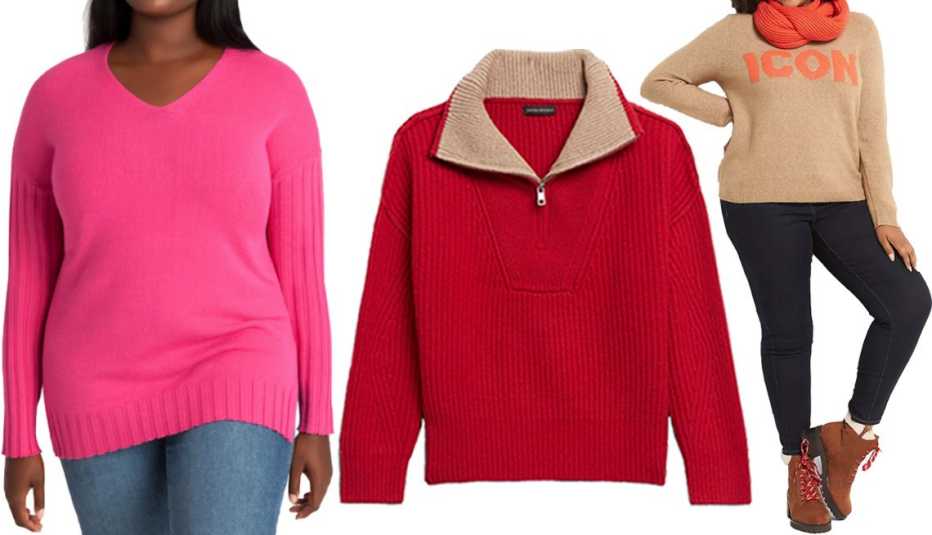 Adyson Parker V-Neck Tunic Sweater, Plus Size in Pink Yarrow; Banana Republic Oversized Half-Zip Sweater in Hot Red; Lane Bryant Crew-Neck Icon Sweater in Tan