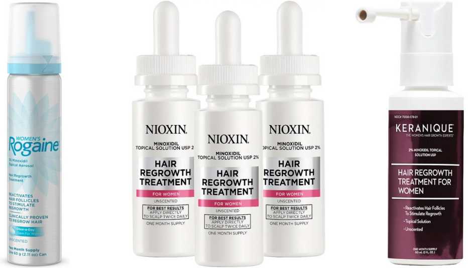 Women's Rogaine 5% Minoxidil Foam; Nioxin Minoxidil Hair Regrowth Treatment for Women; Keranique 2% Minoxidil Hair Regrowth Treatment for Women