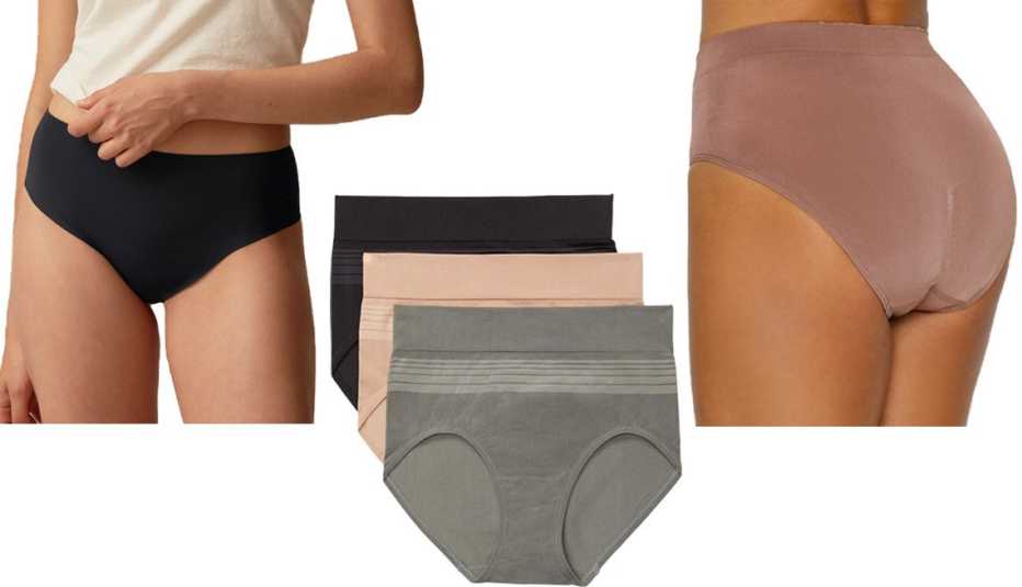 Everlane The Invisible High-Rise Hipster; Blissful Benefits by Warner’s Women’s No Muffin Top Seamless Brief 3-Pack; Wacoal B-Smooth Hi-Cut Brief Style #834175