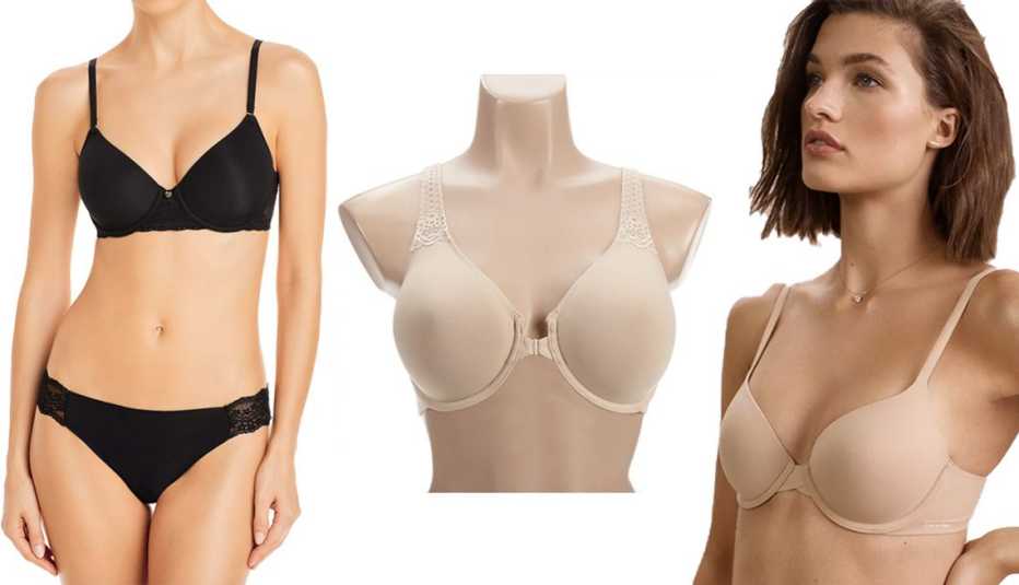Natori Bliss Perfection All Day Underwire Contour Bra in black; Wacoal Soft Embrace Front Close Underwire Bra 851311 in sand; Calvin Klein Perfectly Fit Full Coverage T-Shirt Bra in bare