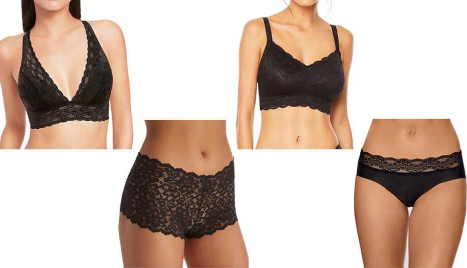 Wacoal Halo Lace Wireless Bra 811205 in black; Maidenform Sexy Must Haves Lace Cheeky Boyshort Panty DMCLBS in black; Cosabella Plus Never Say Never Curvy Sweetie Soft Bra NEV1310 in black; B.Tempt’D by Wacol B. Bare Hipster in night