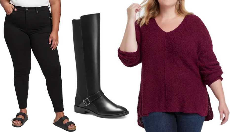 Gap High Rise True Skinny Jeans with Secret Smoothing Pockets with Washwell in Absolute Black; Aerosoles Ballie Knee High Boot in Black Faux Leather; Knox Rose Women’s Long Sleeve V-Neck Pullover Sweater in Burgundy﻿