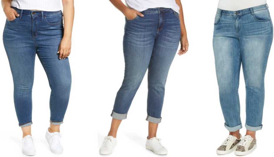 Madewell Plus High Rise Roadtripper Supersoft Jeans﻿ with a 13 1/2﻿-inch front rise, Kut From the Kloth Plus Catherine Cuffed Boyfriend Jeans﻿ with a﻿ 12-inch front rise and Wit & Wisdom Ab-Solution Distressed Girlfriend﻿ Jeans﻿ with 10 1/2﻿-inch rise 