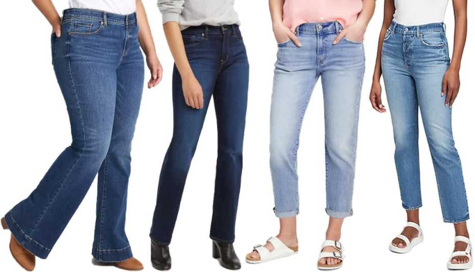 Lane Bryant Signature Fit Flare Jean Dark Wash﻿; Levi’s ﻿Women’s Mid-Rise Classic Bootcut in Cobalt Distress﻿; Gap Mid Rise Girlfriend Jeans ﻿With Washwell in Light Indigo﻿; Gap High Rise Cheeky Straight Jeans ﻿With Washwell in Light Indigo