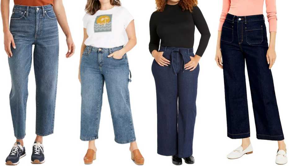 Madewell Balloon Jeans in Corson Wash; Universal Thread Women’s High Rise Wide-Leg Carpenter Cropped Jeans in Dark Wash; Eloquii Classic Fit Belted High Rise Wide Leg Denim in Dark Wash; Loft Curvy Patch Pocket Wide Leg Jeans in Dark Rinse