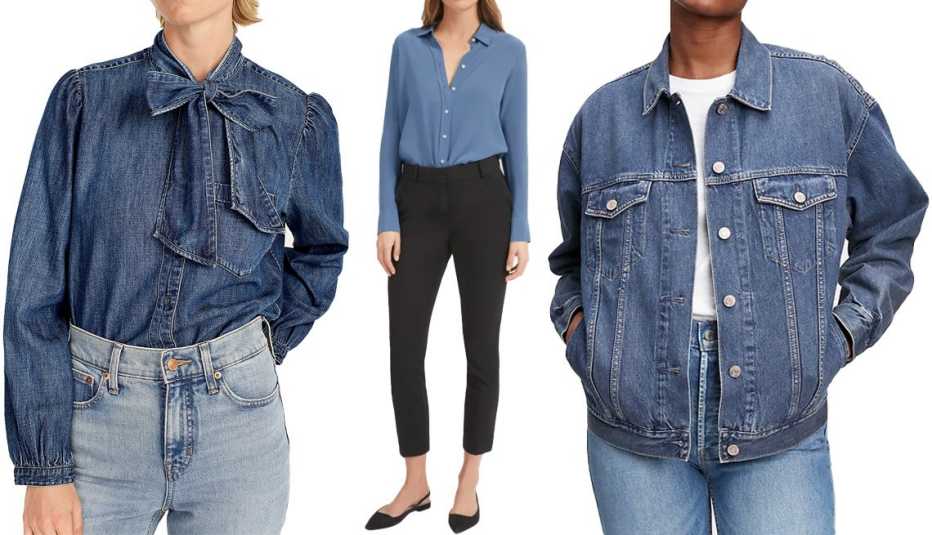 J. Crew Classic Fit Tie-Neck Chambray Shirt in Ski Slope Wash; Everlane The Clean Silk Relaxed Shirt in French Blue; Gap Oversized Denim Jacket in Medium Indigo