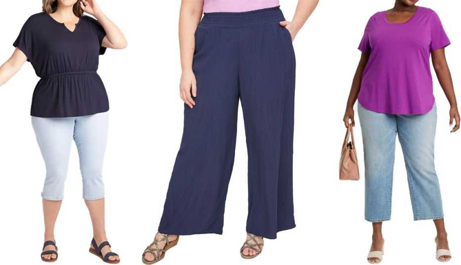 Lane Bryant Dolman Notch-Neck Babydoll Tee in Night Sky; Catherines Breezy Crinkle Wide Leg Pants in Mariner Navy; Ava & Viv Women's Plus Size Essential Relaxed Scoop Neck T-Shirt in Purple