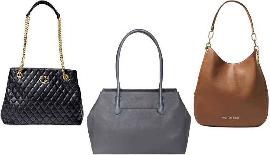 C. Wonder Kimberly Quilted Tote in black; A New Day Soft Tote Handbag in gray; MICHAEL Michael Kors Lillie Large Chain Shoulder Tote in Luggage