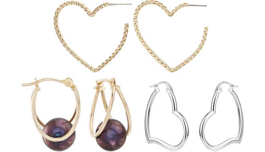 Loft Heart Rope Hoop Earrings in gold; Ross-Simons Cultured Pearl Double Hoop Earrings in 14-karat yellow gold; Forever New Sterling Silver Heart Hoop Earrings