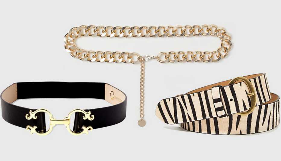 C. Wonder Double C Elastic Waist Belt; H&M Chain Waist Belt in gold; Loft Horseshoe Buckle Belt in black/white