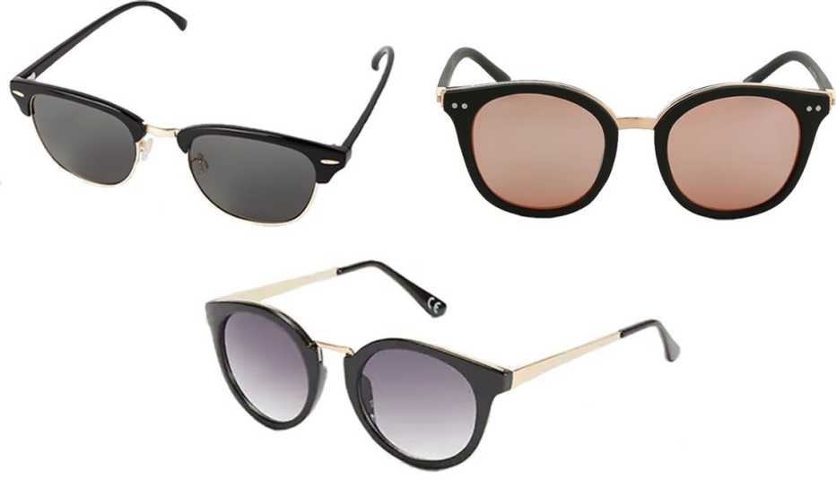 Uniqlo Brow Line Sunglasses in 09 Black; Kelly & Katie Vista Sunglasses; Old Navy Round Cat-Eye Metal-Tip Sunglasses for Women in Black Jack