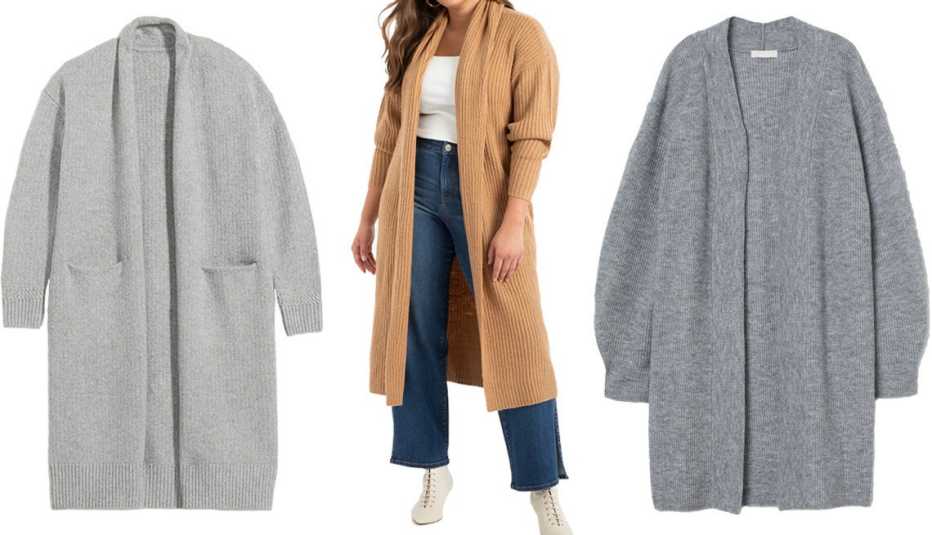 Old Navy Long Duster Open-Front Cardigan Sweater for Women in Light Gray Heather; Eloquii Long Ribbed Cardigan in caramel; H&M Knit Cardigan in Gray Melange
