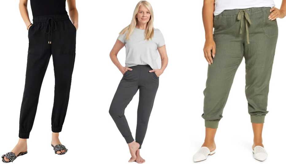 Ann Taylor The Pull On Jogger Pant in black; Universal Standard Hathaway Jersey Jogger Pants in black sand; Caslon Drawstring Linen Joggers Plus in Green Beetle