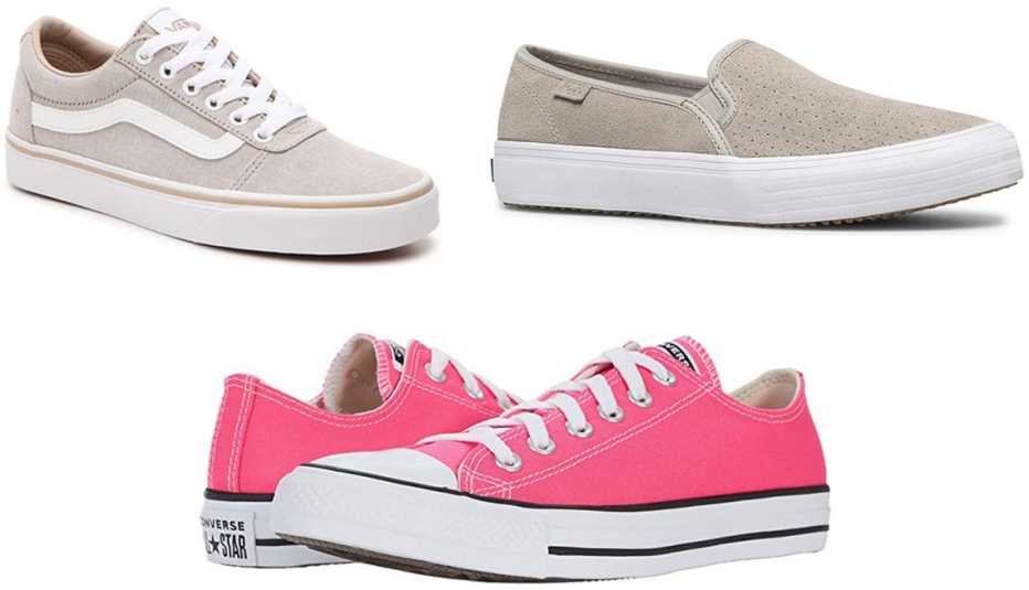 Van's Ward Sneaker — Women's in taupe; Keds Double Decker Slip-on Sneaker in grey; Converse Chuck Taylor All Star Ox in hyper pink